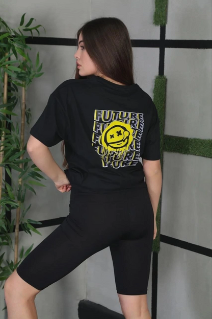Unisex Crew Neck Printed Oversize T-Shirt - Black