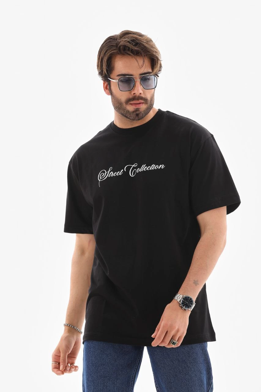 Unisex Crew Neck Printed Oversized T-Shirt - Black