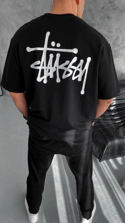 Unisex Crew Neck Printed Oversize T-Shirt - Black