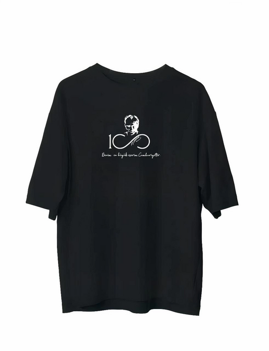 Unisex Bisiklet Yaka Baskılı Oversize T-Shirt - Siyah