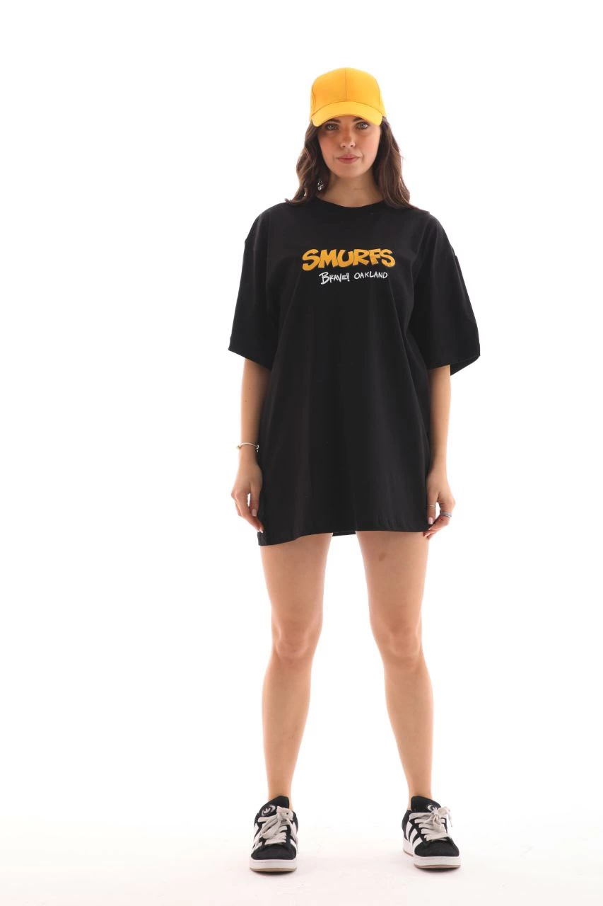 Unisex Crew Neck Printed Oversize T-Shirt - Black