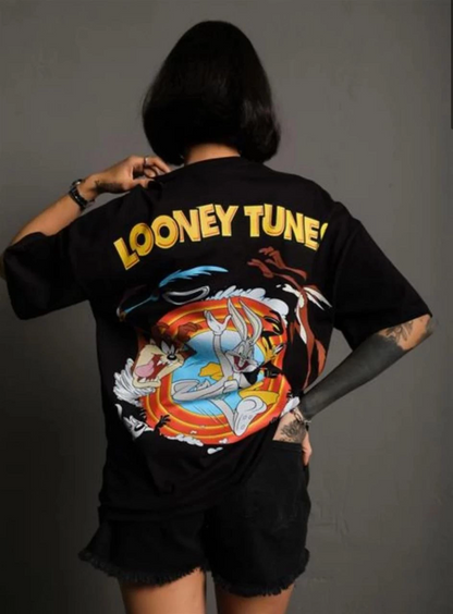 Unisex Crew Neck Printed Oversize T-Shirt - Black
