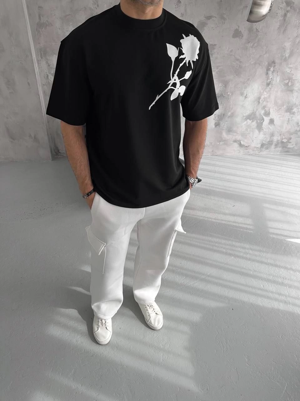 Unisex Crew Neck Printed Oversize T-Shirt - Black