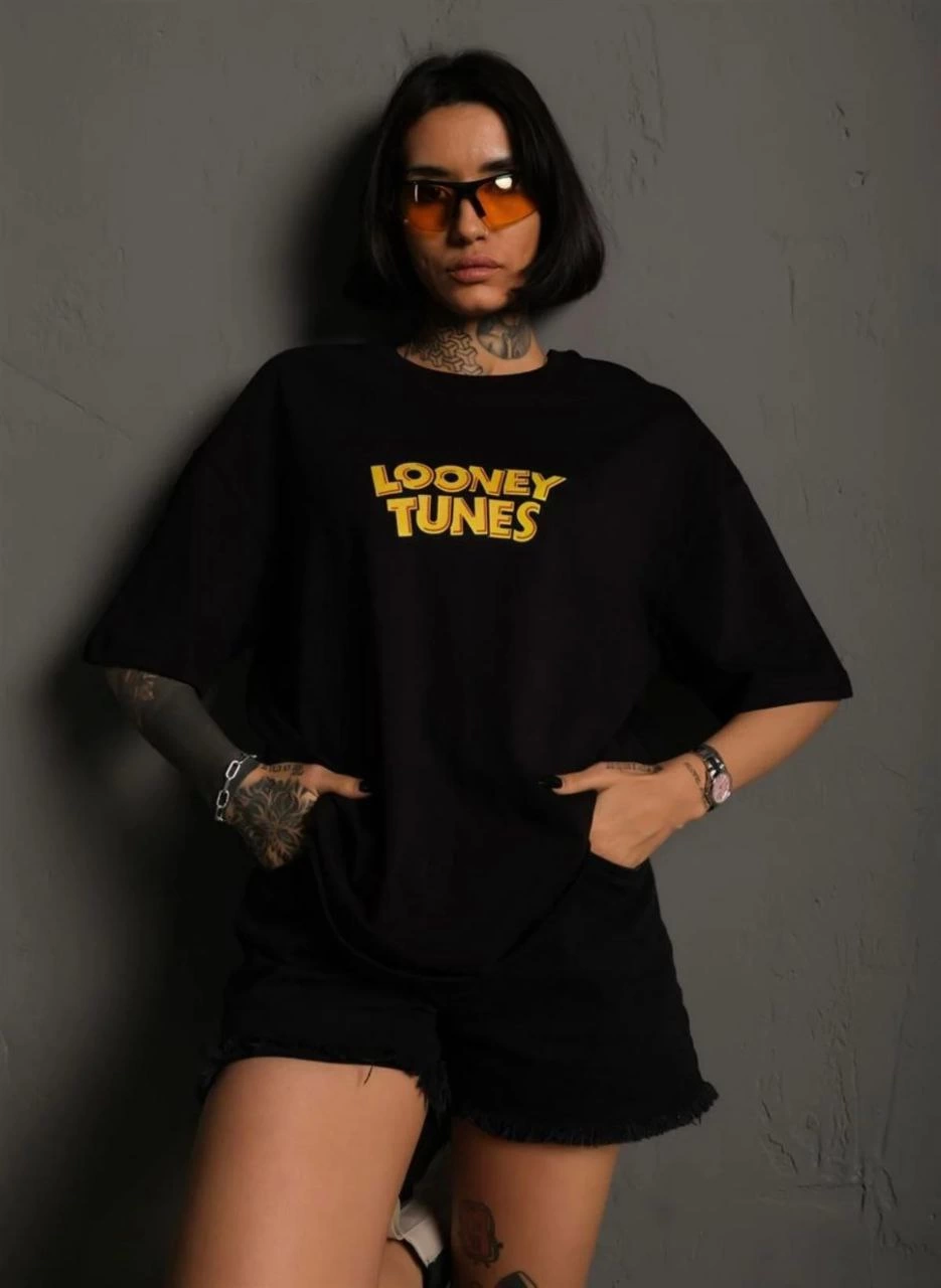 Unisex Crew Neck Printed Oversize T-Shirt - Black