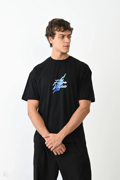 Unisex Crew Neck Printed Oversize T-Shirt - Black