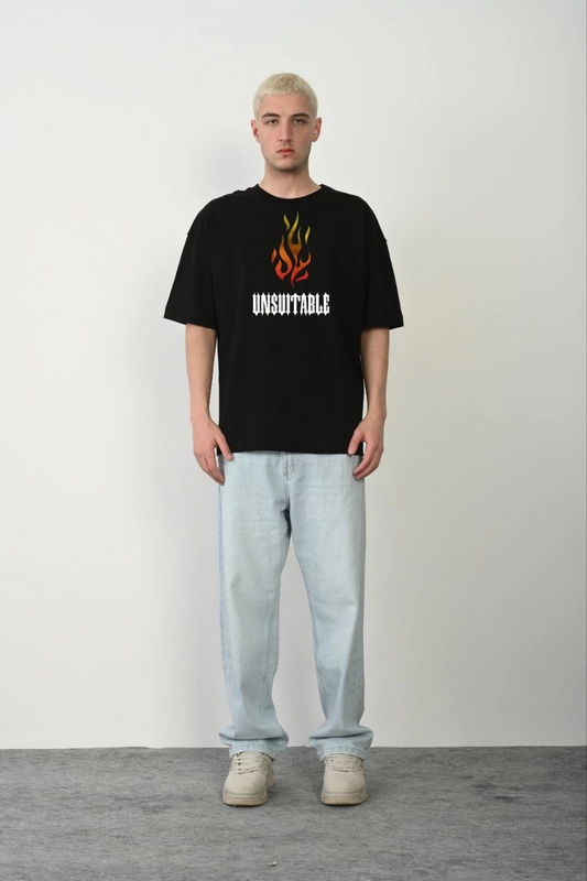 Unisex Bisiklet Yaka Baskılı Oversize T-Shirt - Siyah