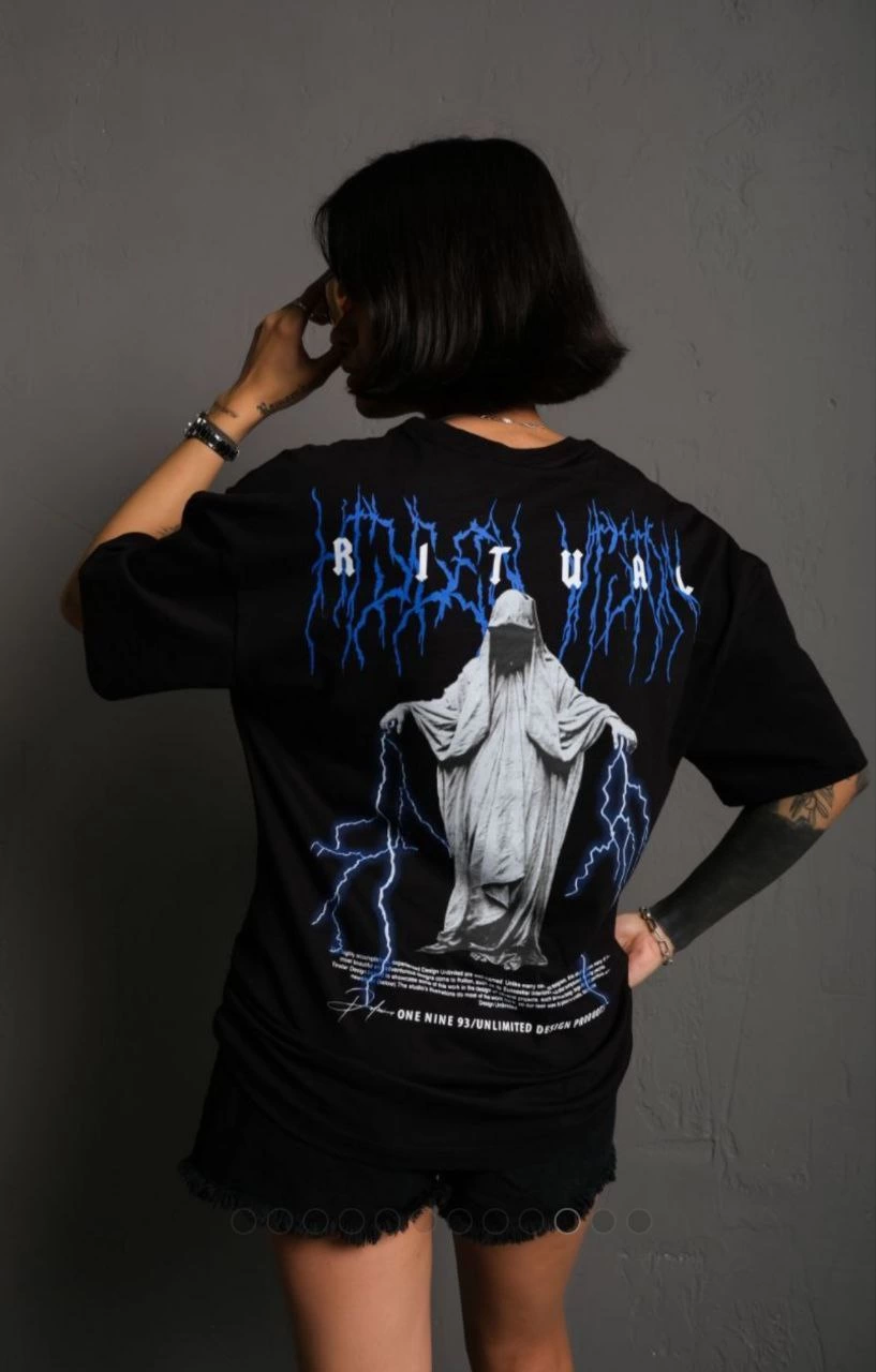 Unisex Crew Neck Printed Oversize T-Shirt - Black