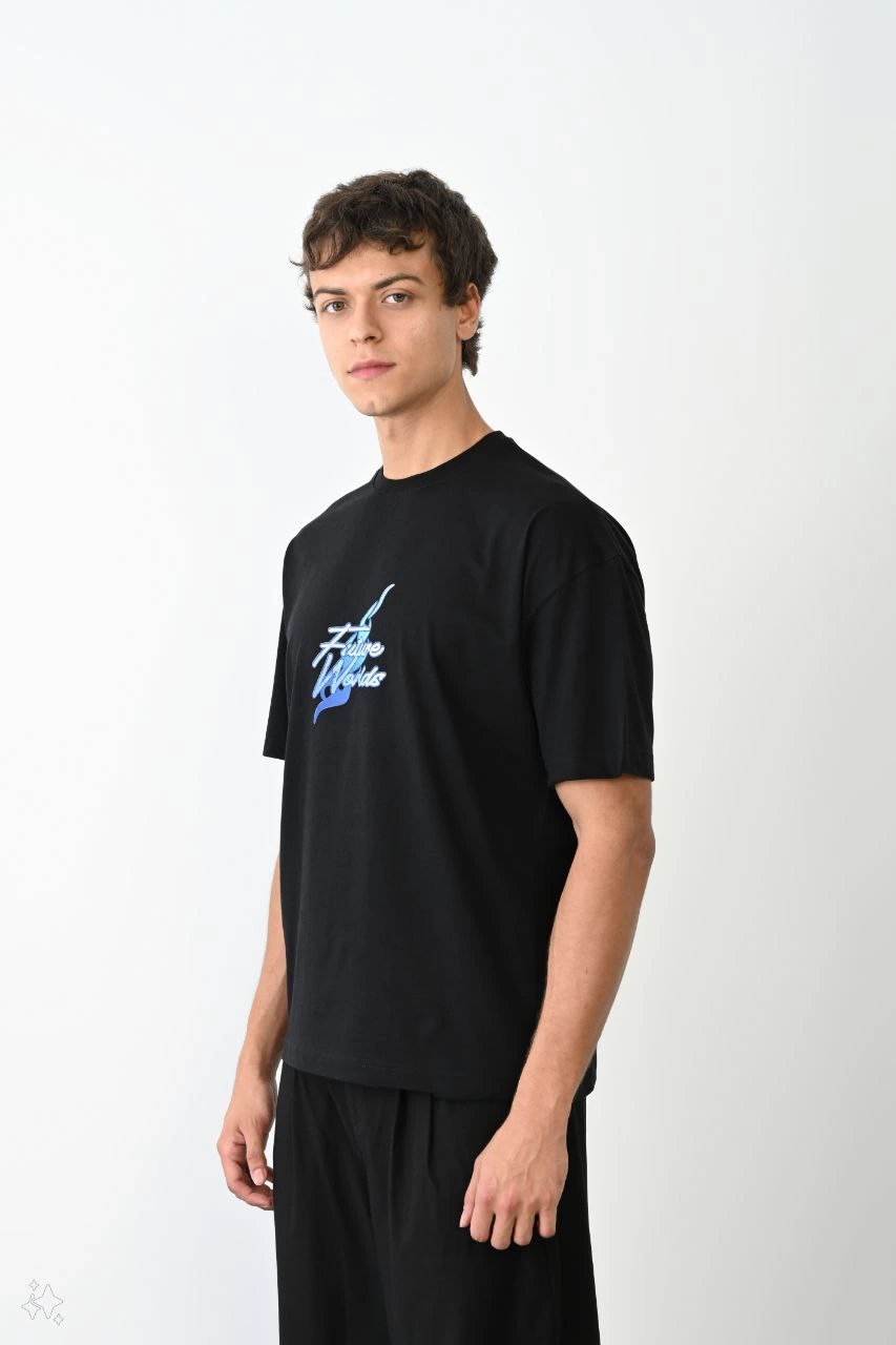 Unisex Crew Neck Printed Oversize T-Shirt - Black