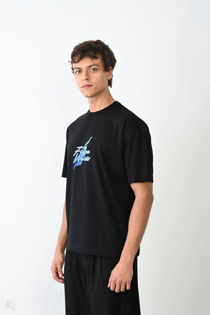 Unisex Crew Neck Printed Oversize T-Shirt - Black