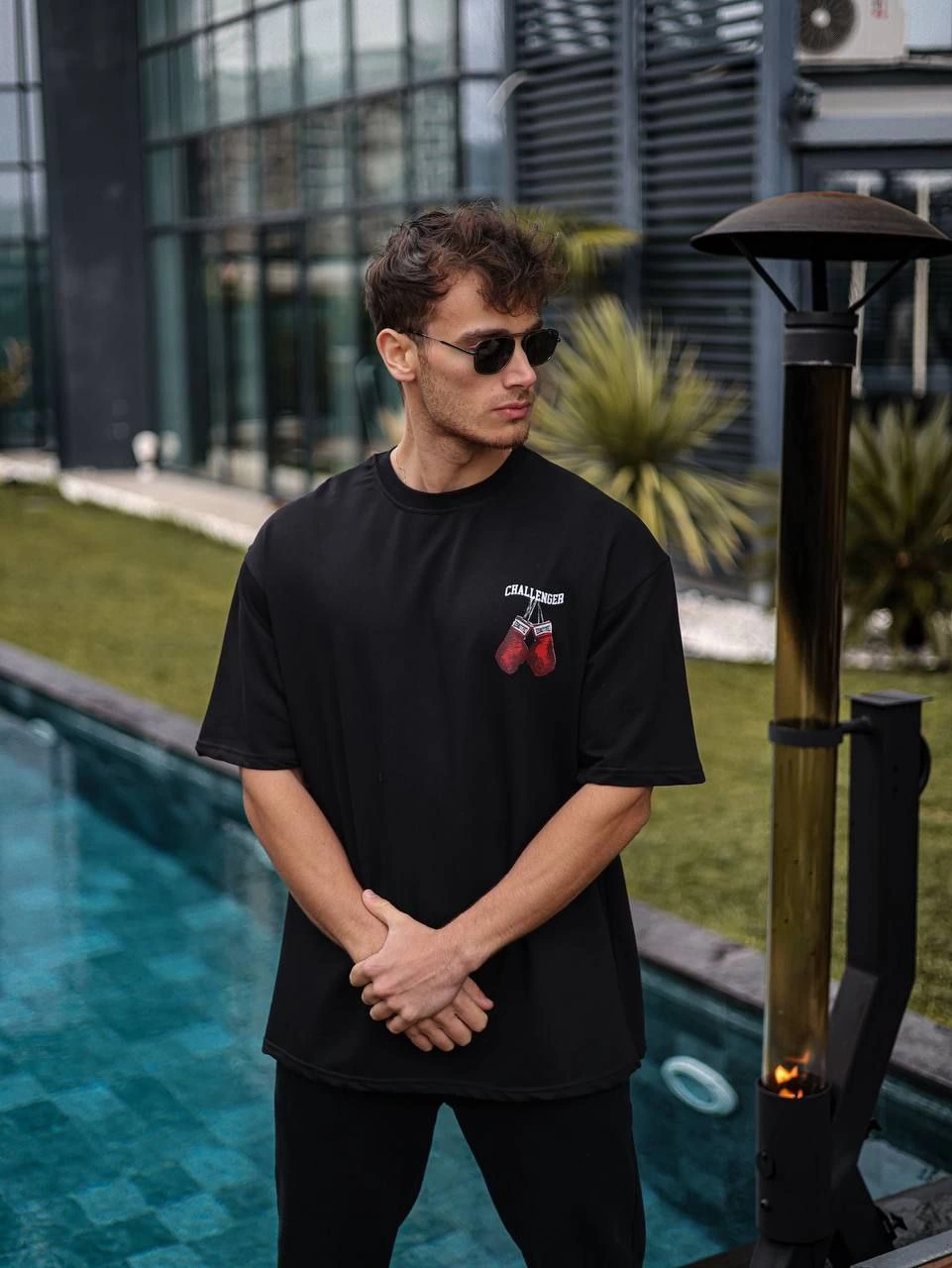 Unisex Crew Neck Printed Oversize T-Shirt - Black