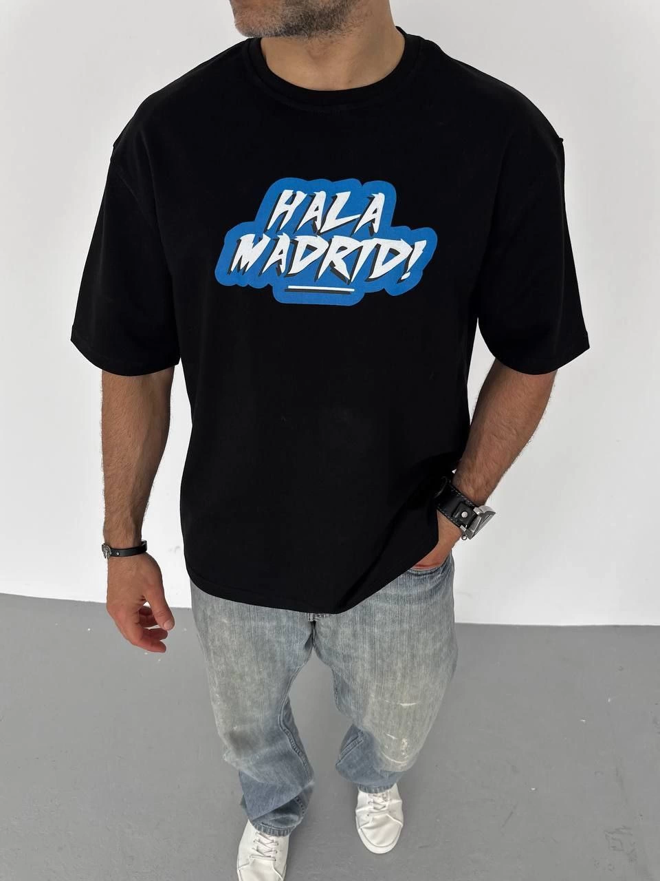 Unisex Crew Neck Printed Oversize T-Shirt - Black