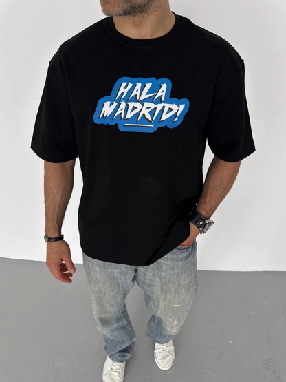 Unisex Crew Neck Printed Oversize T-Shirt - Black