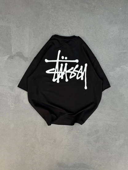 Unisex Crew Neck Printed Oversize T-Shirt - Black