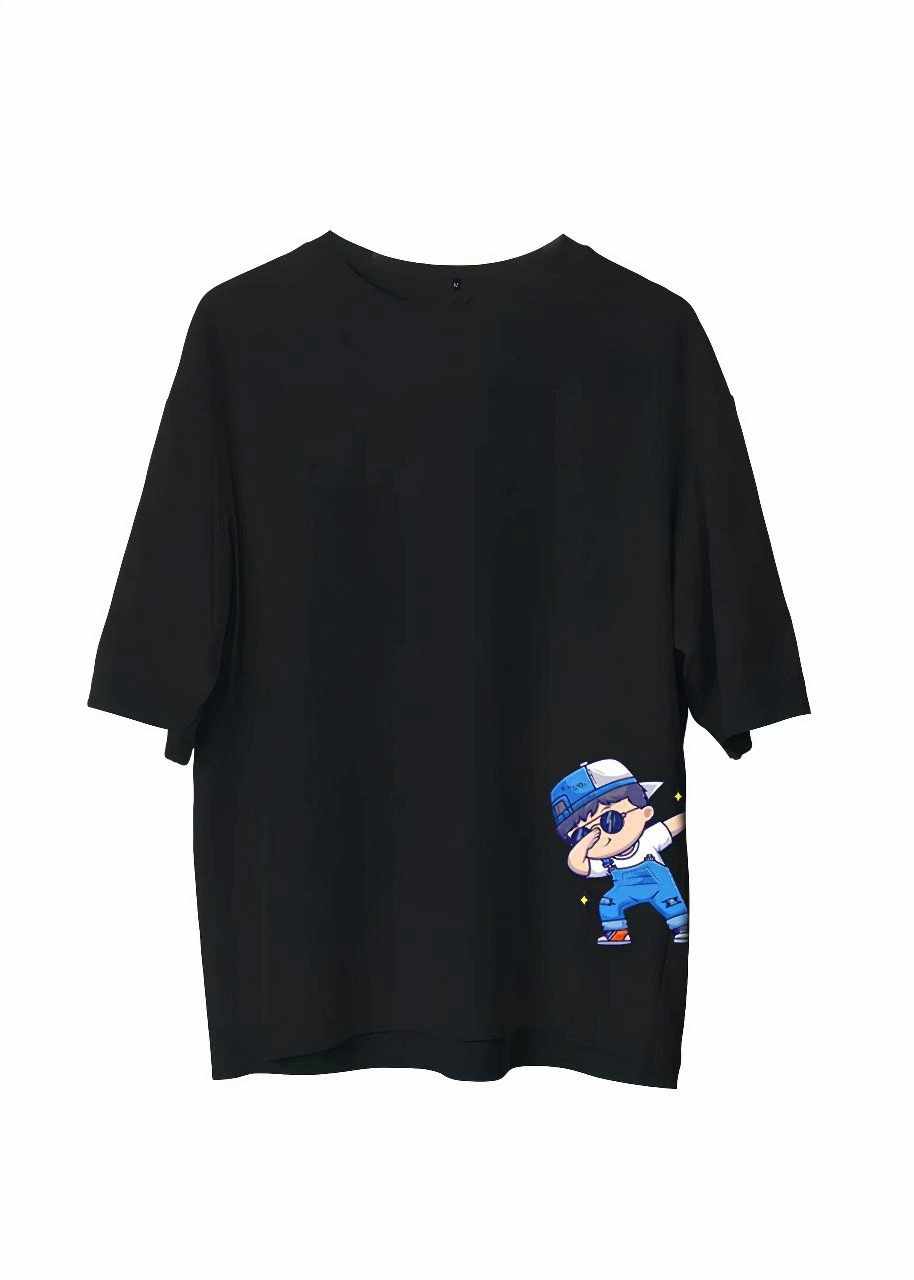 Unisex Crew Neck Printed Oversized T-Shirt - Black