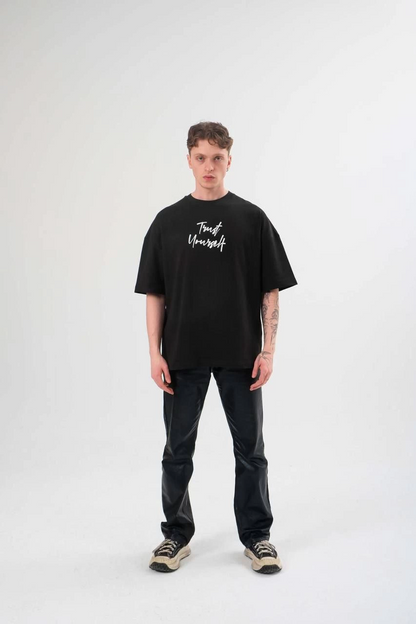 Unisex Crew Neck Printed Oversized T-Shirt - Black