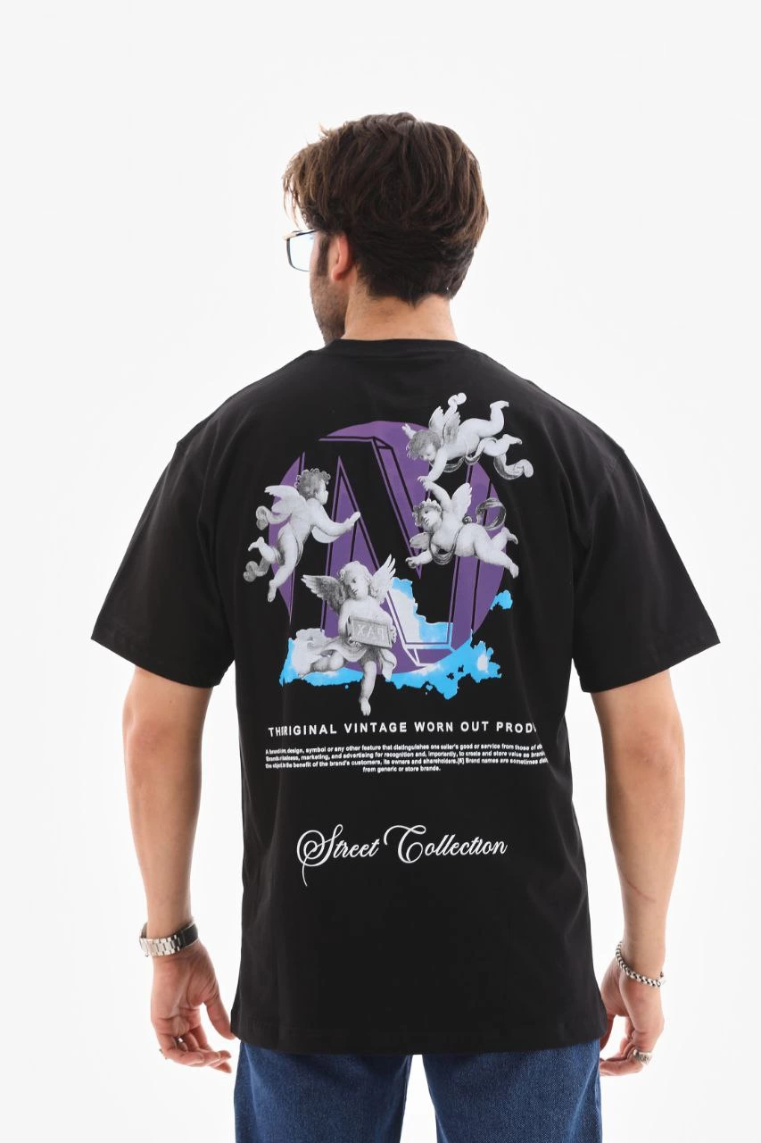Unisex Crew Neck Printed Oversized T-Shirt - Black