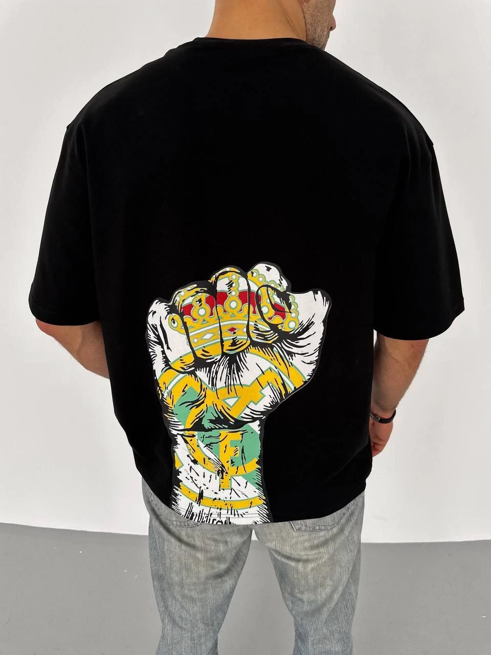 Unisex Crew Neck Printed Oversize T-Shirt - Black