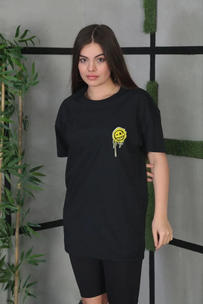 Unisex Crew Neck Printed Oversize T-Shirt - Black