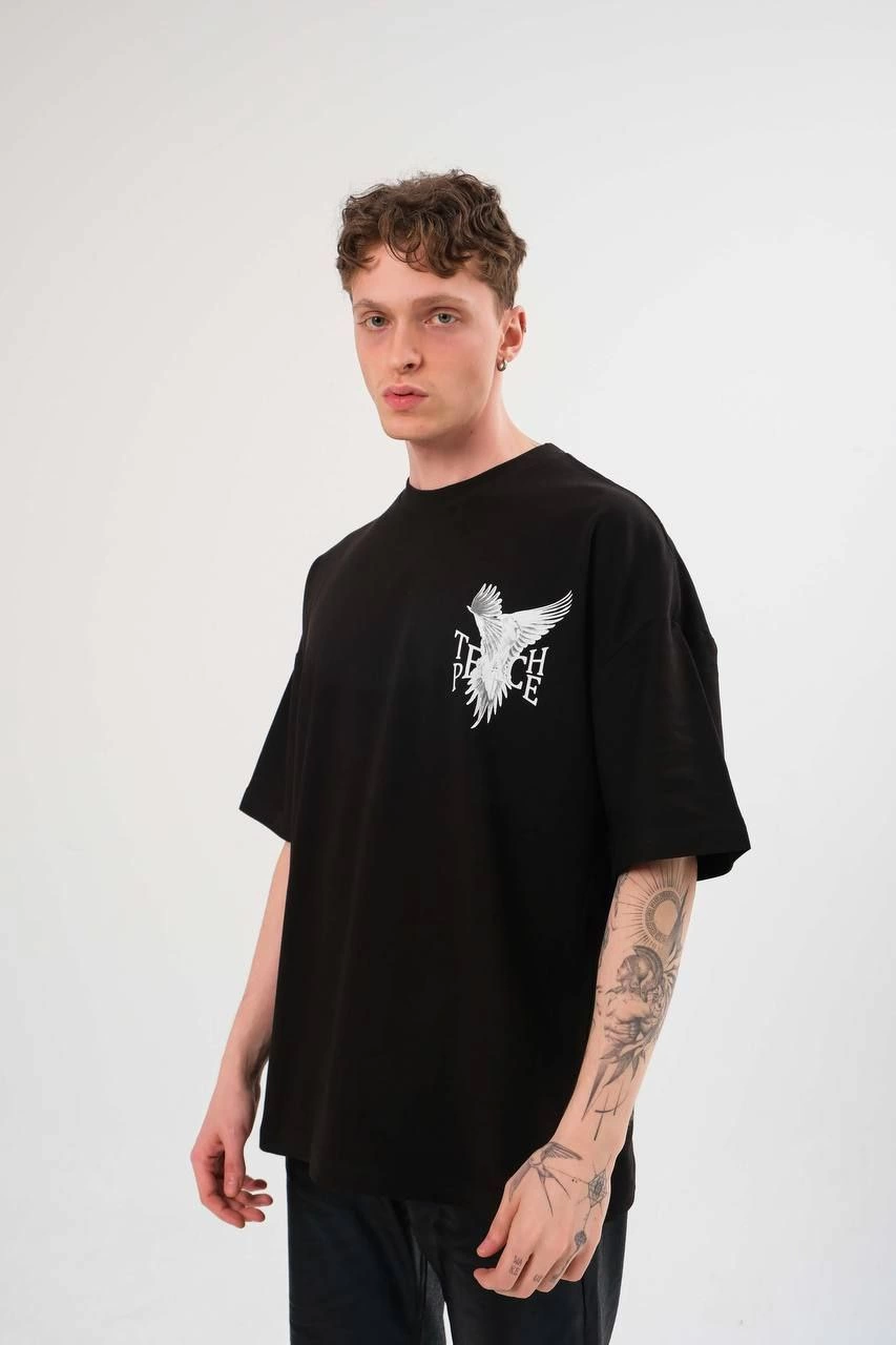 Unisex Crew Neck Printed Oversize T-Shirt - Black