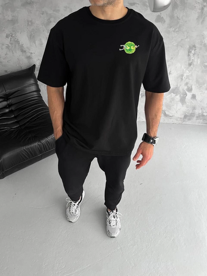 Unisex Crew Neck Printed Oversized T-Shirt - Black