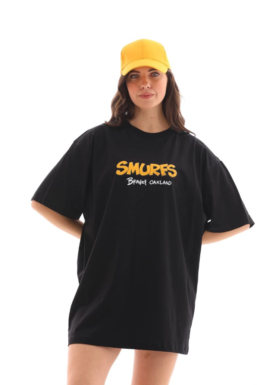 Unisex Crew Neck Printed Oversize T-Shirt - Black