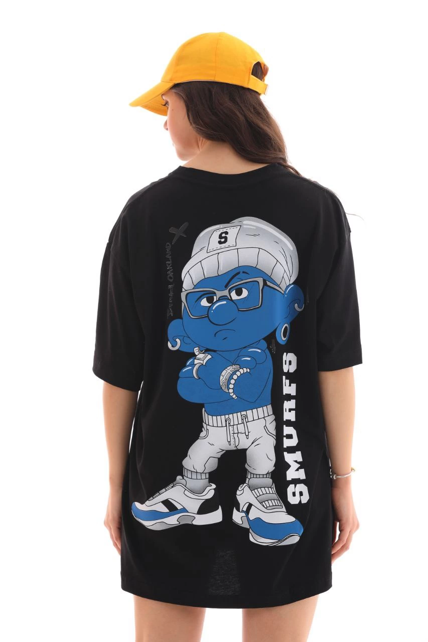 Unisex Crew Neck Printed Oversize T-Shirt - Black