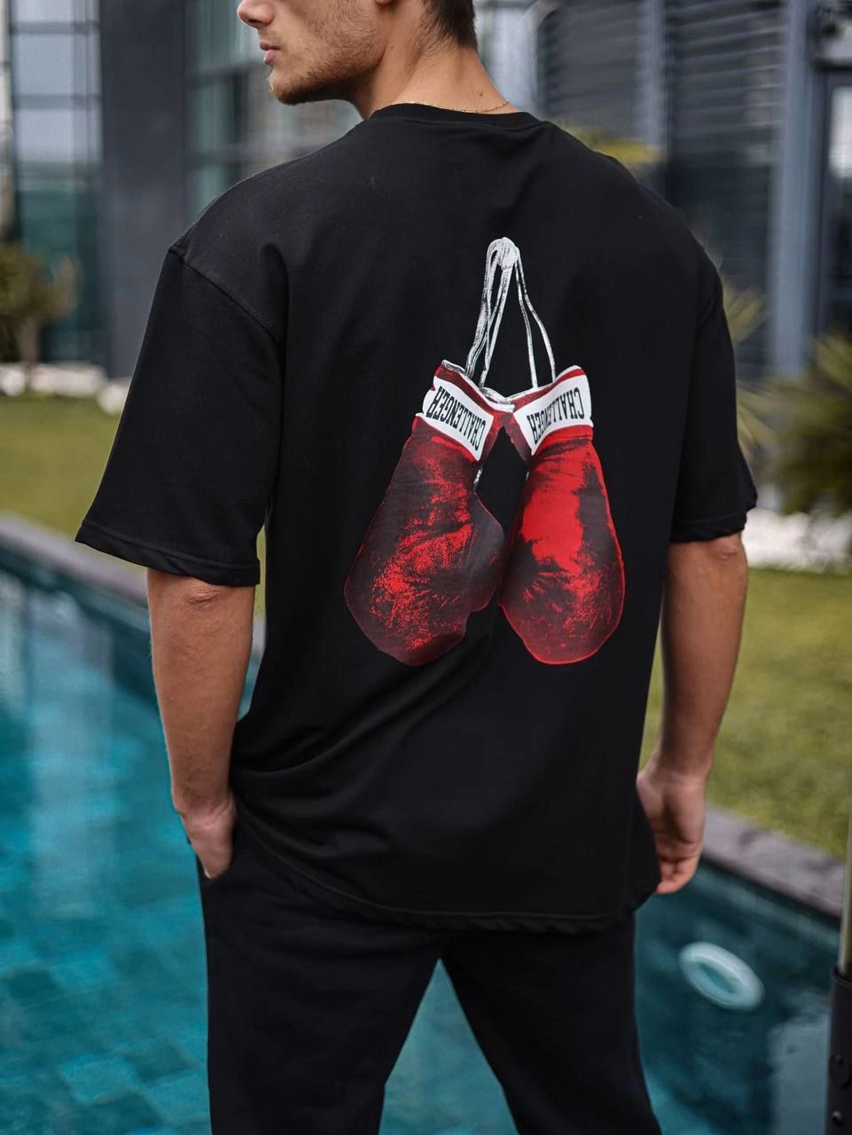 Unisex Crew Neck Printed Oversize T-Shirt - Black