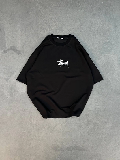 Unisex Crew Neck Printed Oversize T-Shirt - Black