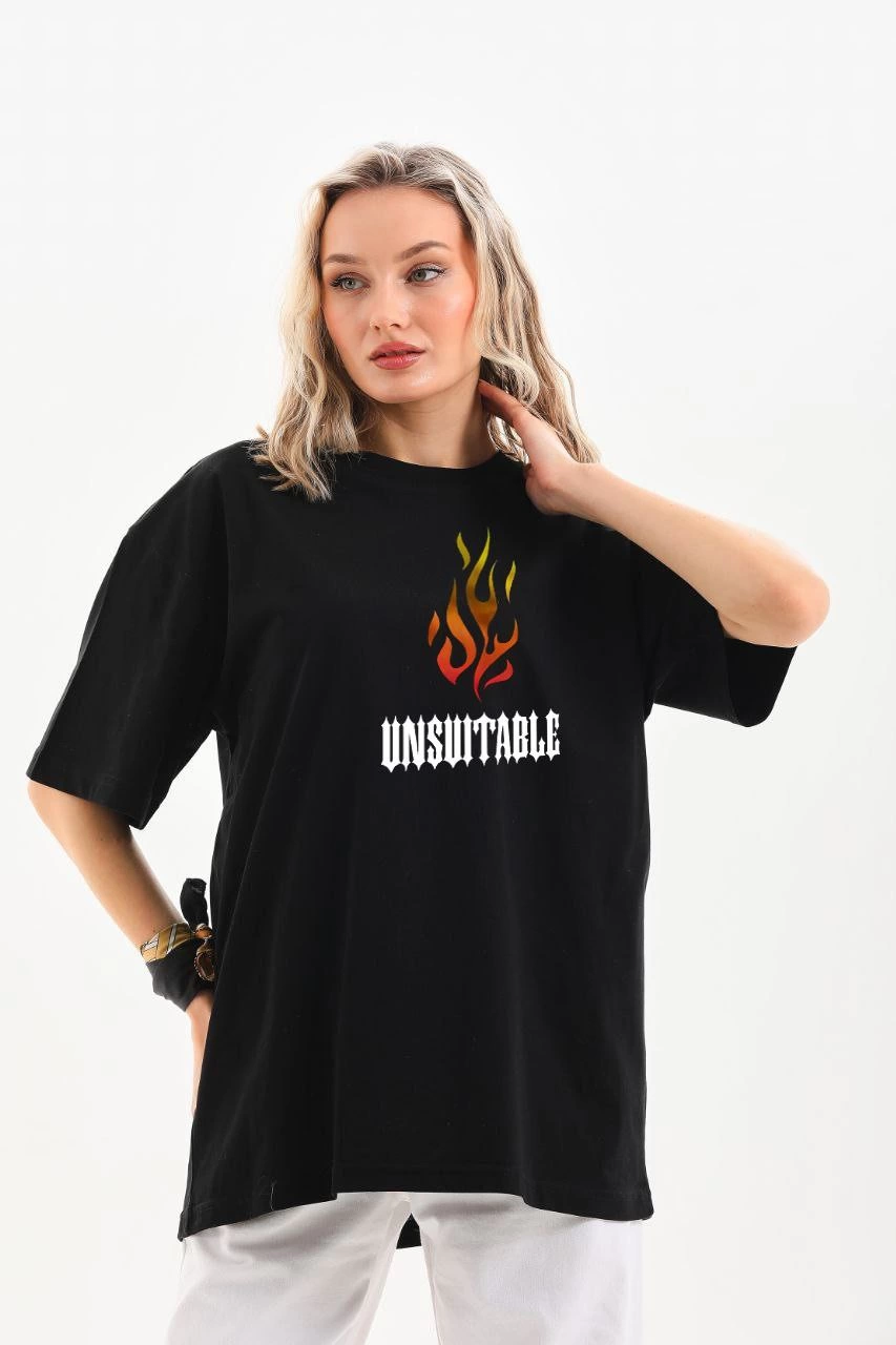 Unisex Crew Neck Printed Oversized T-Shirt - Black
