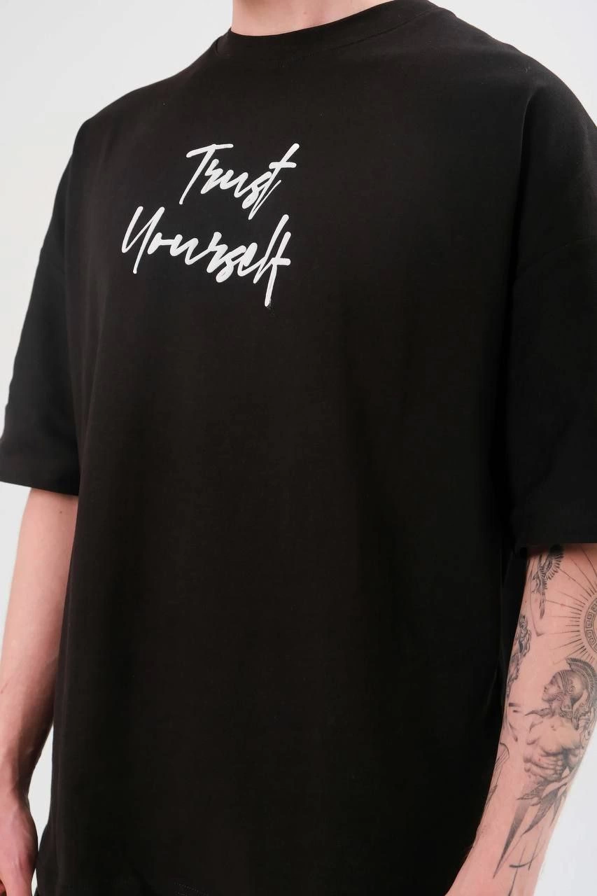 Unisex Crew Neck Printed Oversized T-Shirt - Black