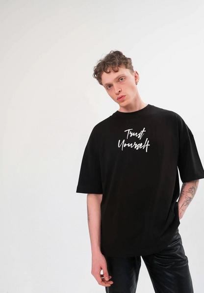 Unisex Crew Neck Printed Oversized T-Shirt - Black