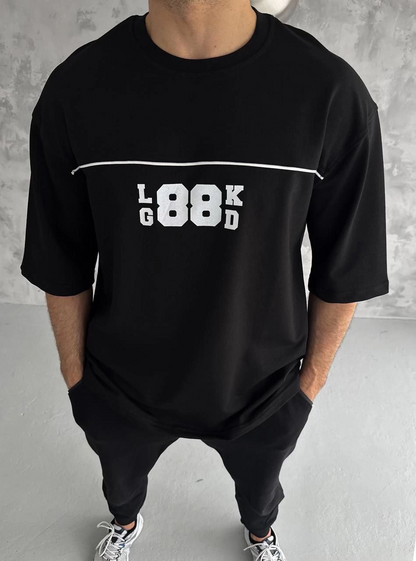 Unisex Crew Neck Printed Oversize T-Shirt - Black