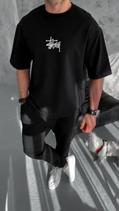Unisex Crew Neck Printed Oversize T-Shirt - Black