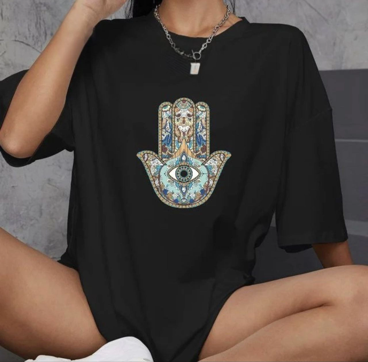 Unisex Crew Neck Printed Oversize T-Shirt - Black