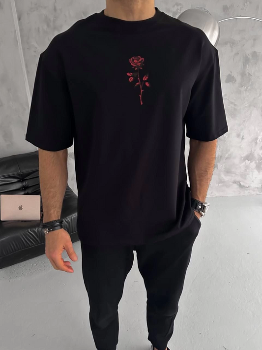 Unisex Bisiklet Yaka Baskılı Oversize T-Shirt - Siyah