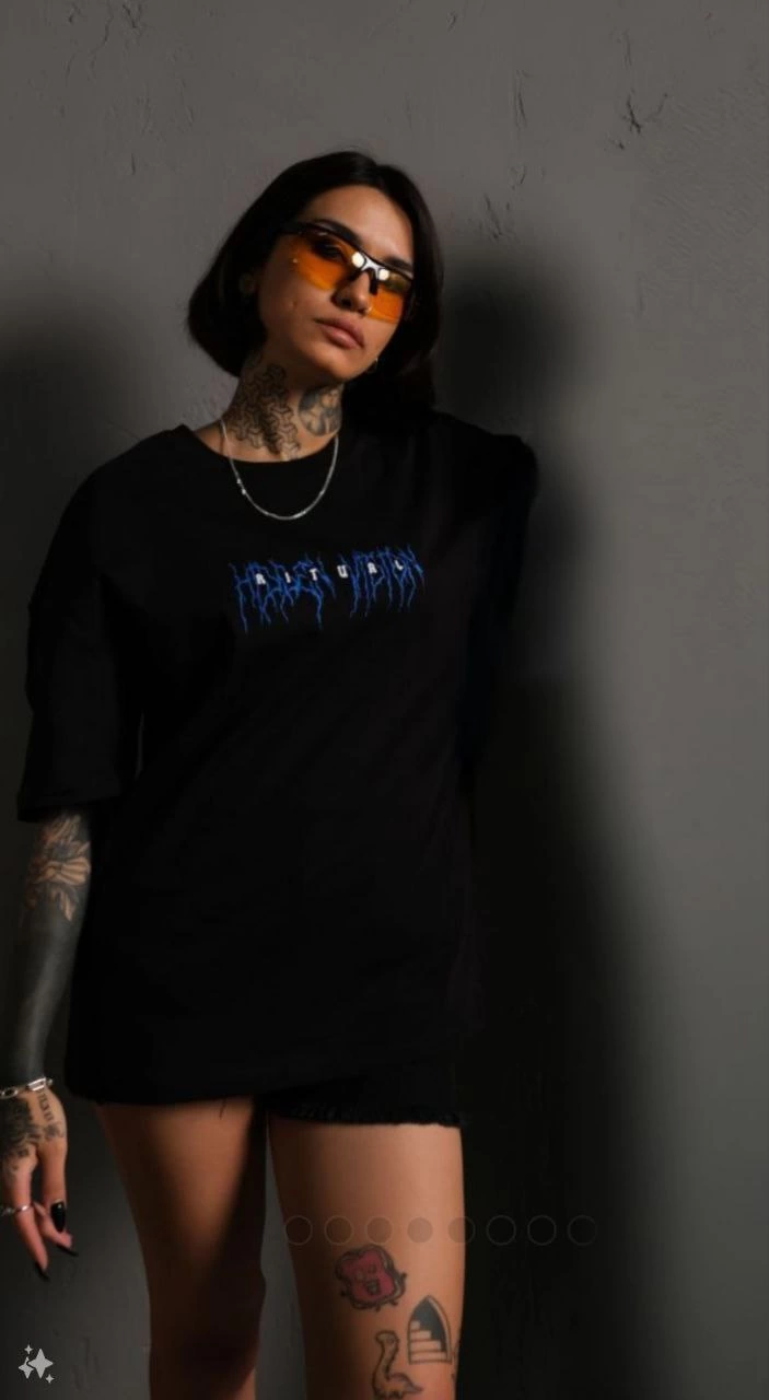 Unisex Crew Neck Printed Oversize T-Shirt - Black