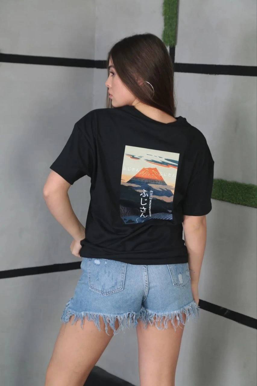 Unisex Crew Neck Printed Oversize T-Shirt - Black