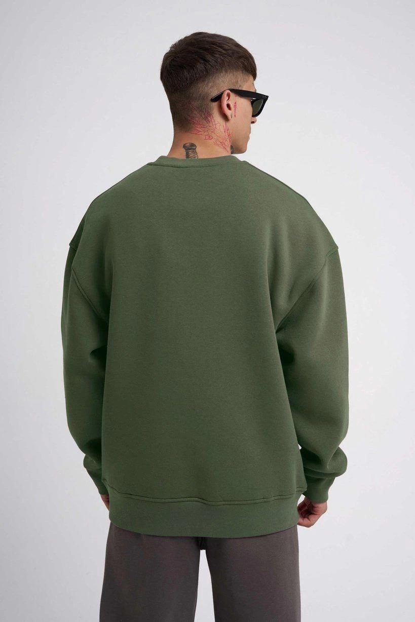 Unisex Biskilet Yaka Üç İplik SweatShirt - Haki