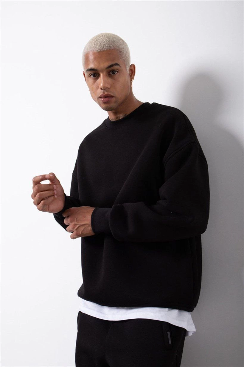 Unisex Bicycle Collar Three Thread Sweatshirt - Black