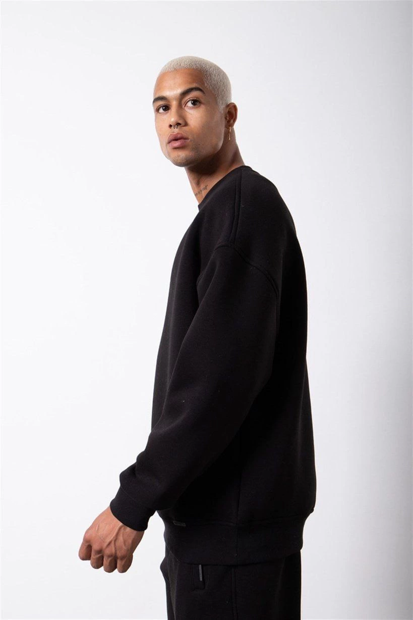 Unisex Bicycle Collar Three Thread Sweatshirt - Black