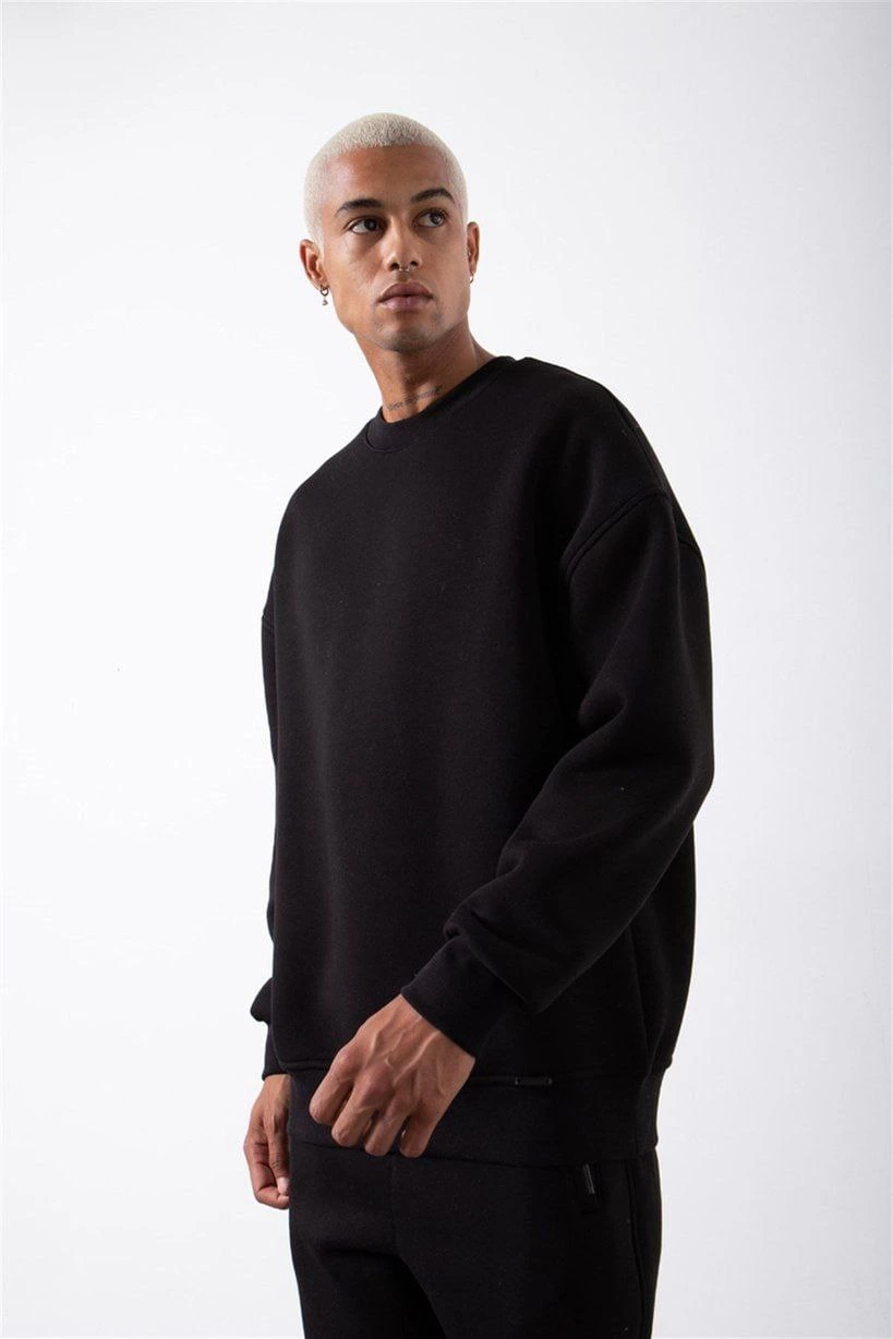 Unisex Bicycle Collar Three Thread Sweatshirt - Black