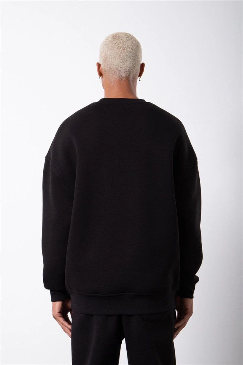 Unisex Bicycle Collar Three Thread Sweatshirt - Black