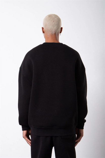 Unisex Bicycle Collar Three Thread Sweatshirt - Black