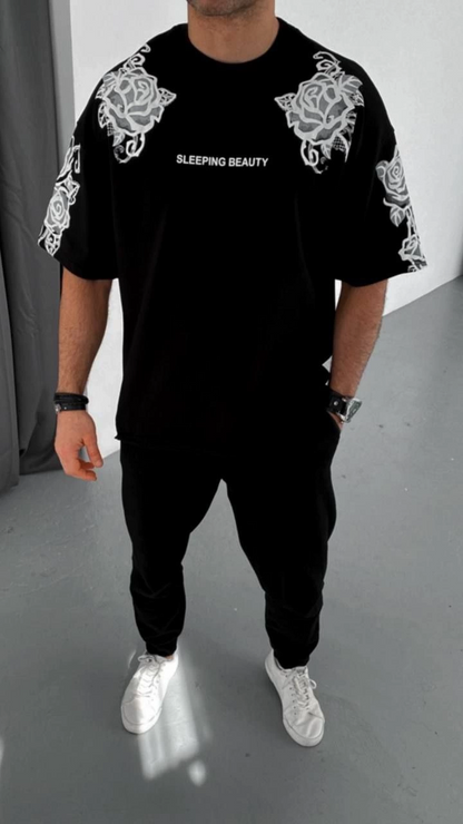 Unisex Flok Kabartma Baskılı T-Shirt - Siyah