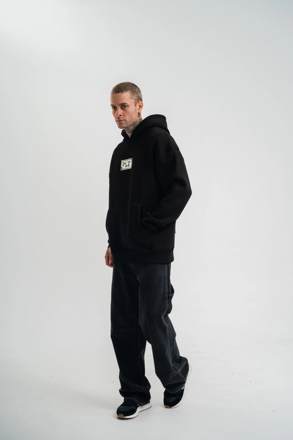 Unisex Kapşonlu Uzun Kol Patchli Nakışlı SweatShirt - Siyah