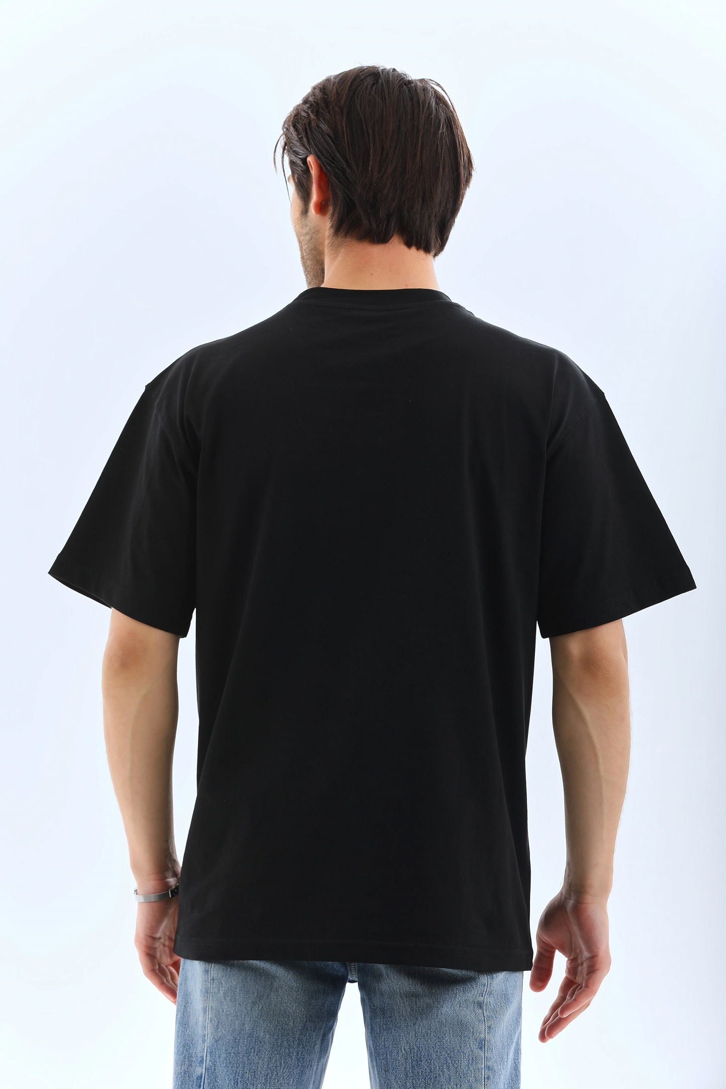 Unisex Oversize Düz Bisiklet Yaka T-Shirt - Siyah
