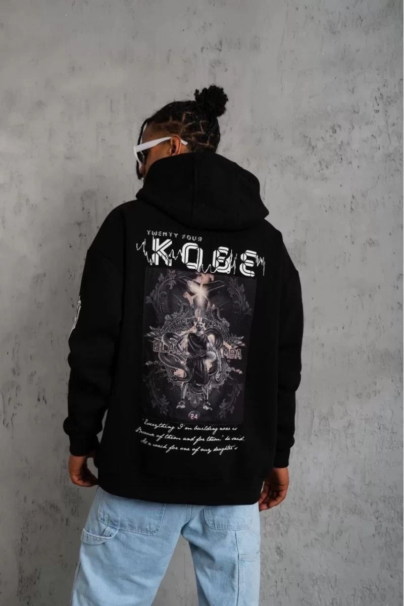 Unisex Back Printed Hooded Three-Thread Oversize Sweatshirt - Black
