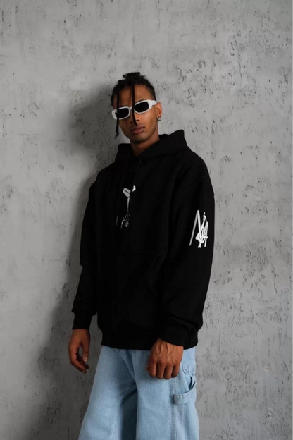 Unisex Back Printed Hooded Three-Thread Oversize Sweatshirt - Black
