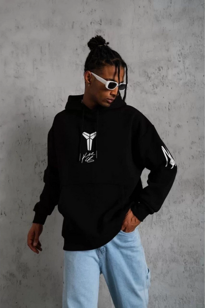 Unisex Back Printed Hooded Three-Thread Oversize Sweatshirt - Black