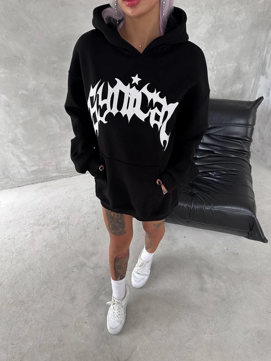 Unisex Üç İplik Kapüşonlu Baskılı SweatShirt - Siyah